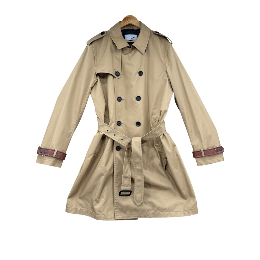 Coach Core Trench Coat Mens Khaki Belted Double Breasted Leather Trim NWT XXL